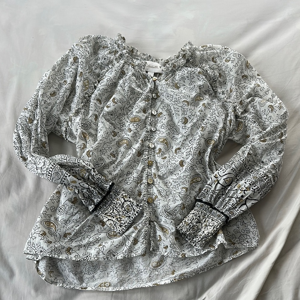 Cleobella White Paisley Button-Front Blouse with Gold Accents